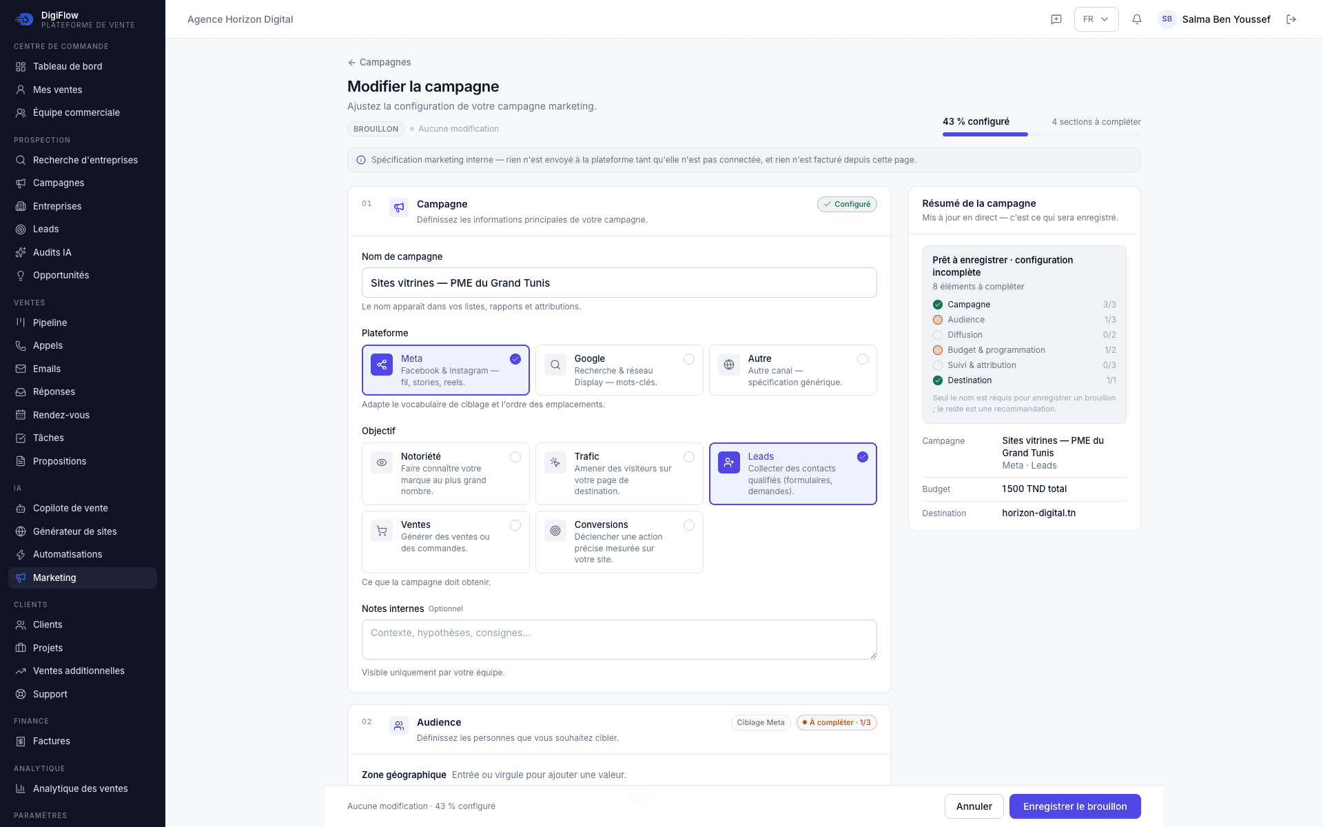 Le Studio de campagne DigiFlow : configuration d'une campagne Meta en français, objectif Leads, budget en dinars et résumé mis à jour en direct